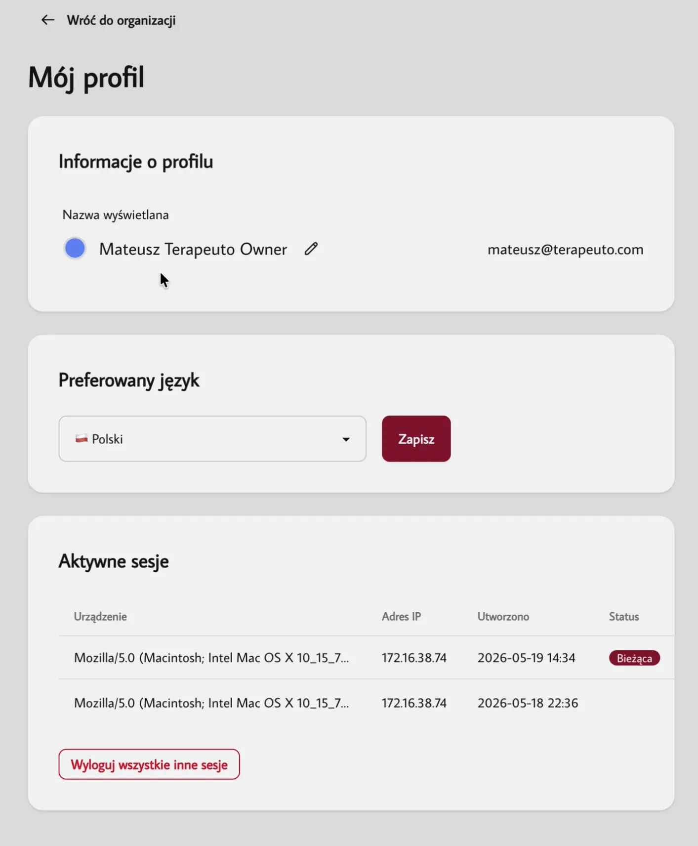 Widok profilu z aktywnymi sesjami
