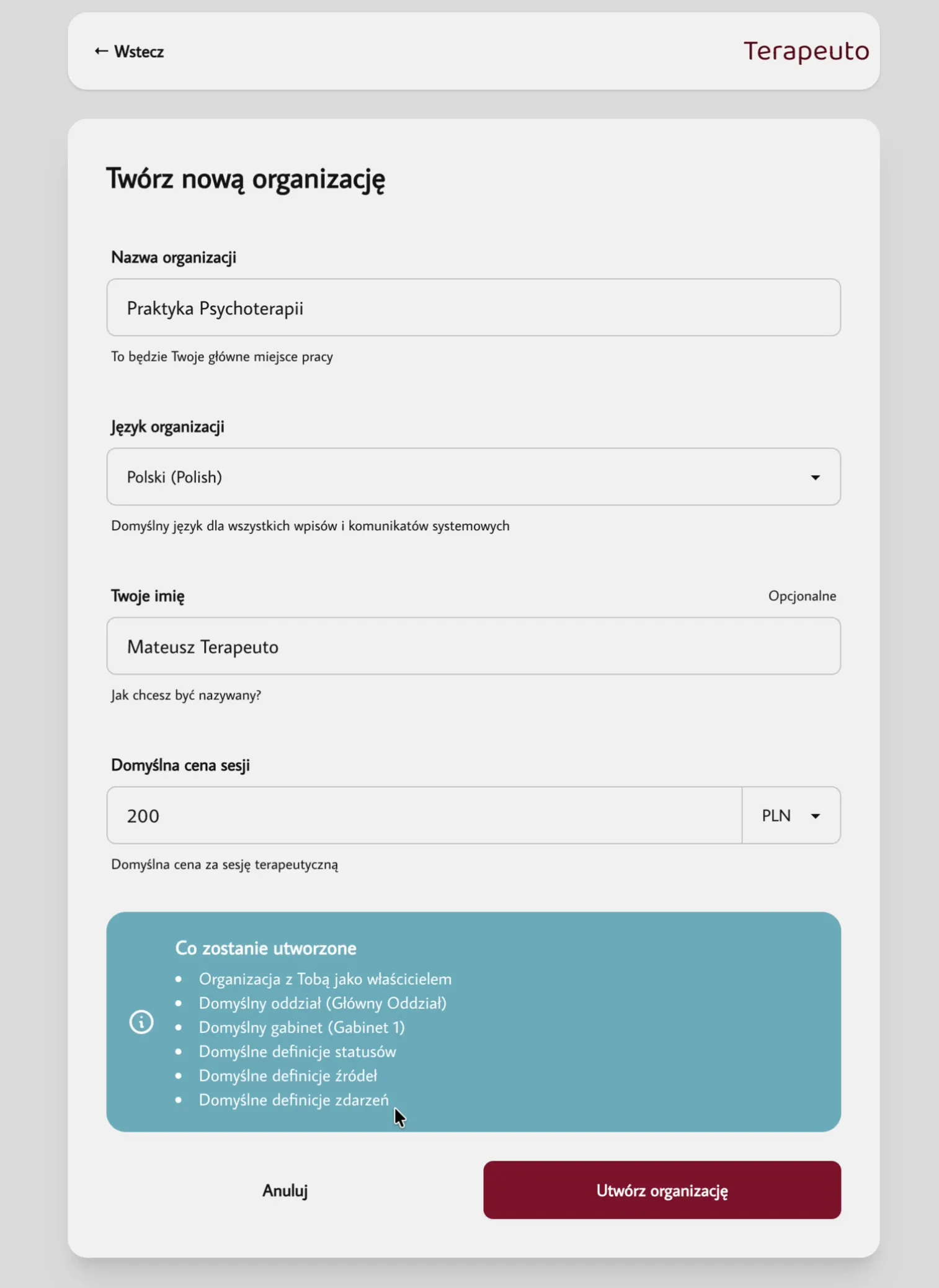 Formularz tworzenia organizacji