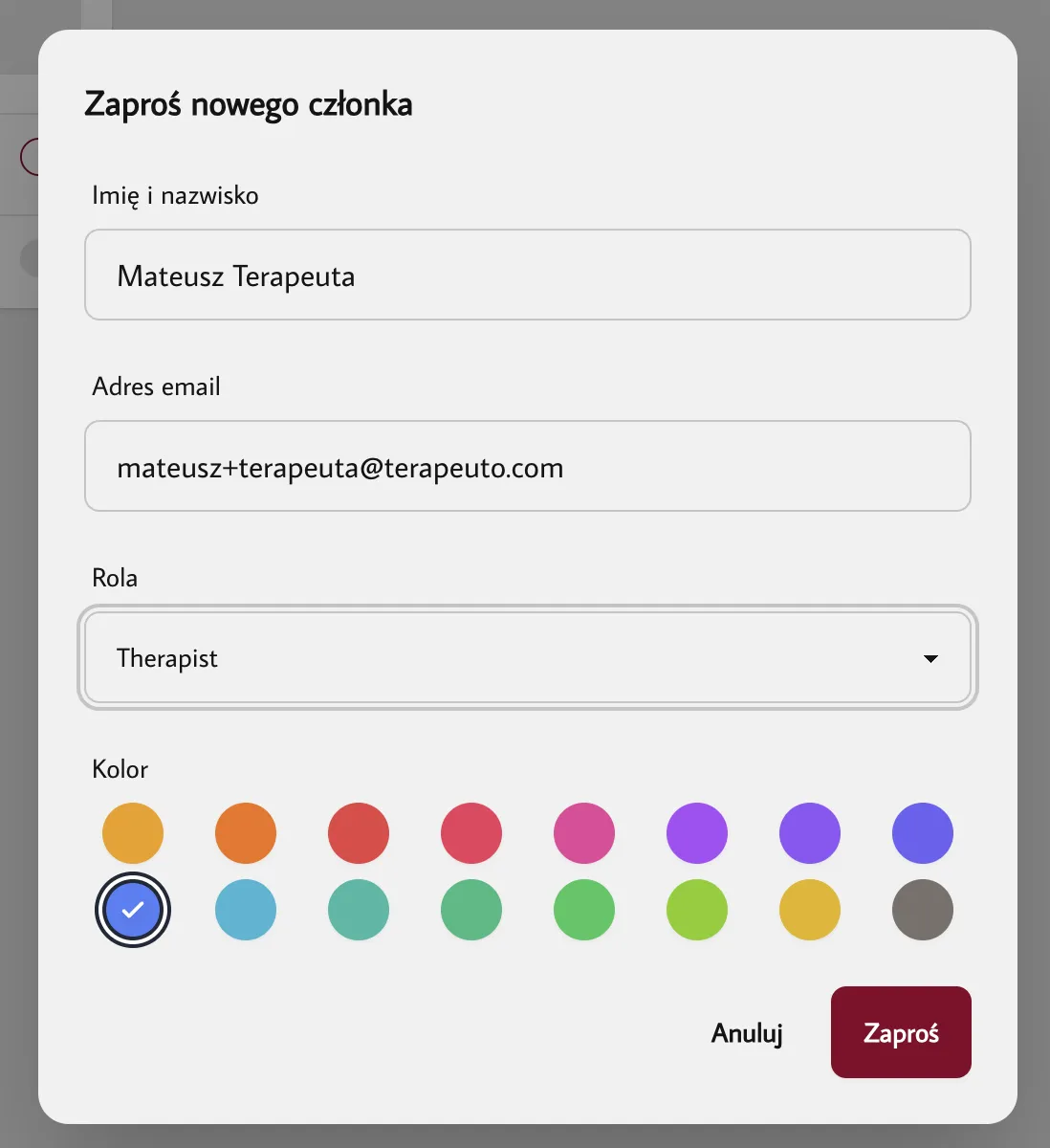 Formularz zapraszania członka zespołu