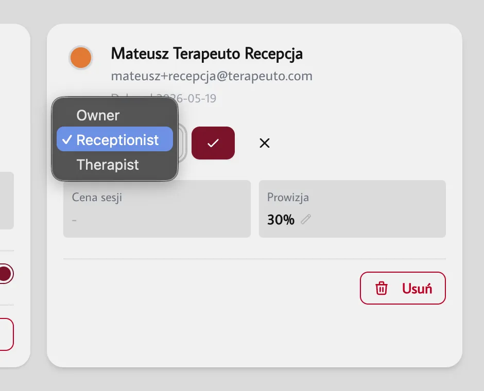 Menu zmiany roli