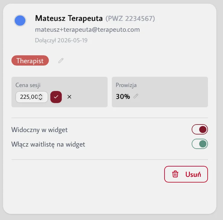 Edycja prowizji i widget toggle