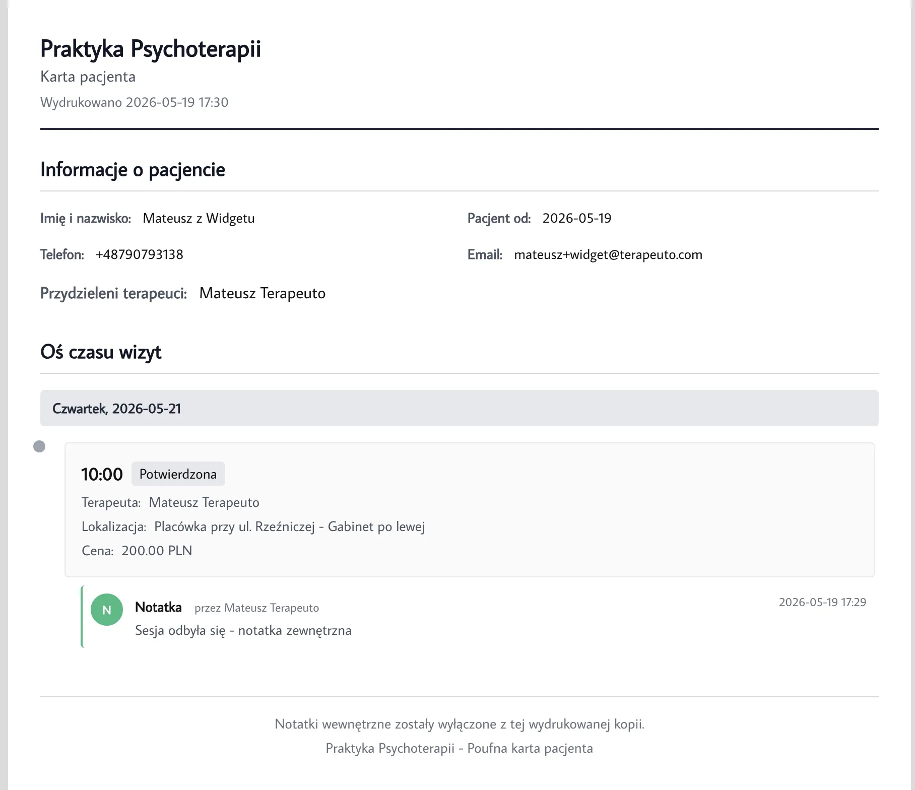 Widok druku karty pacjenta