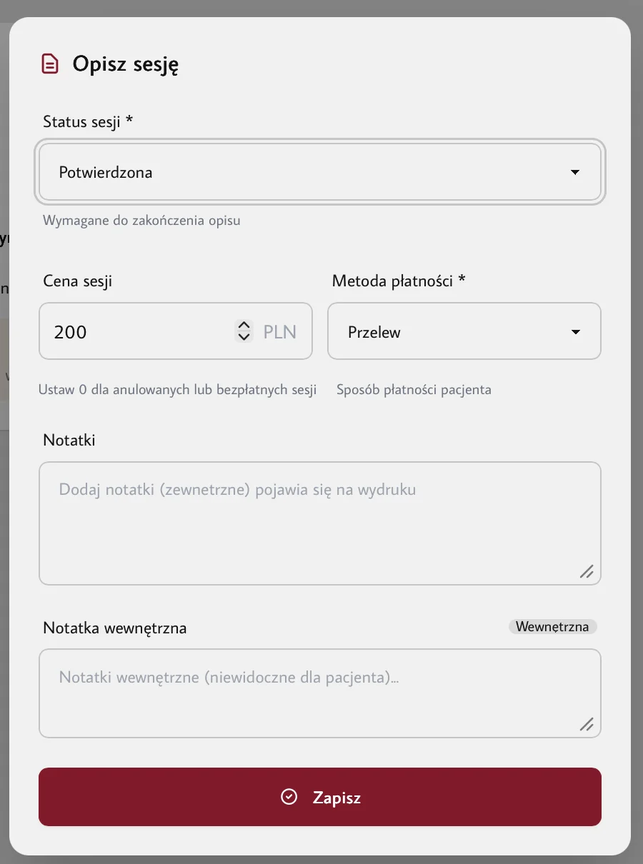 Formularz opisywania sesji