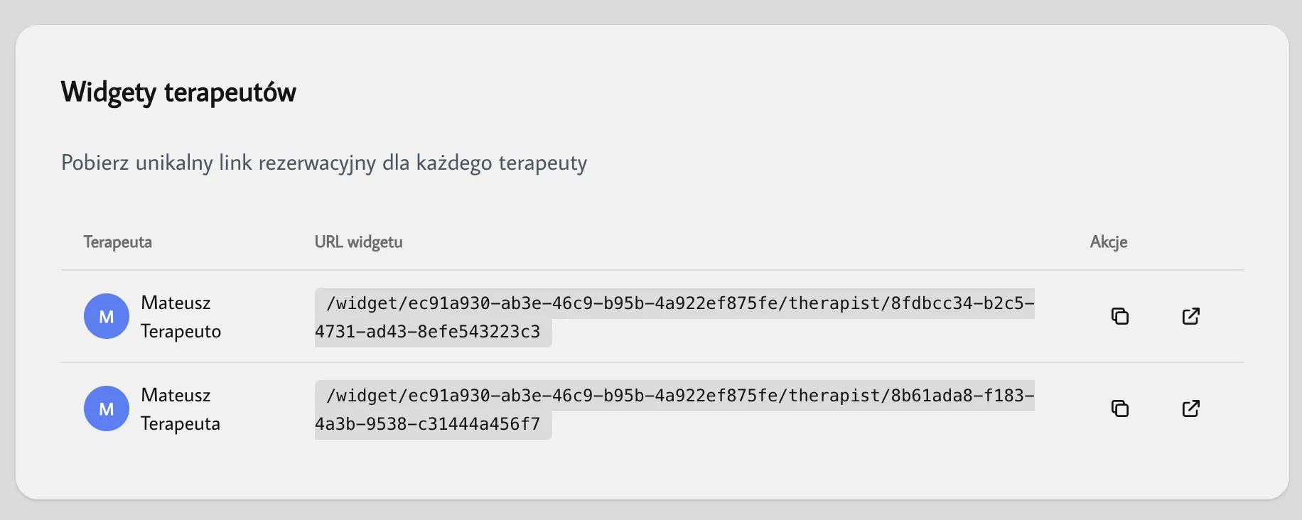 Lista widgetów terapeutów