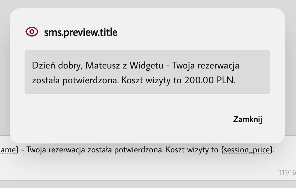 Podgląd wyrenderowanej wiadomości
